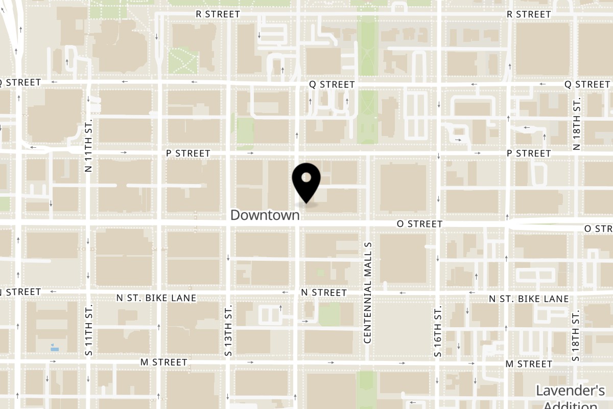 Map showing the location of Ali Baba Gyro on 112 N 14th St in Lincoln